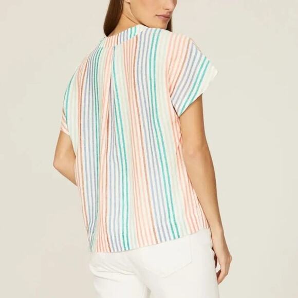 Marine Layer Bali Tunic Top Linen Blend Cap Sleeve V-Neck Rainbow Stripe NWT S - Picture 2 of 6